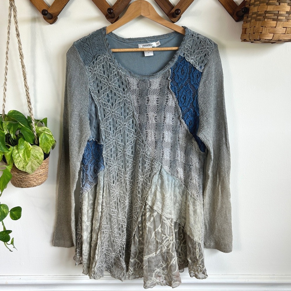 Feratelli Mixed Media Patchwork Lace Tunic Top Blue Grey Boho Crochet Medium